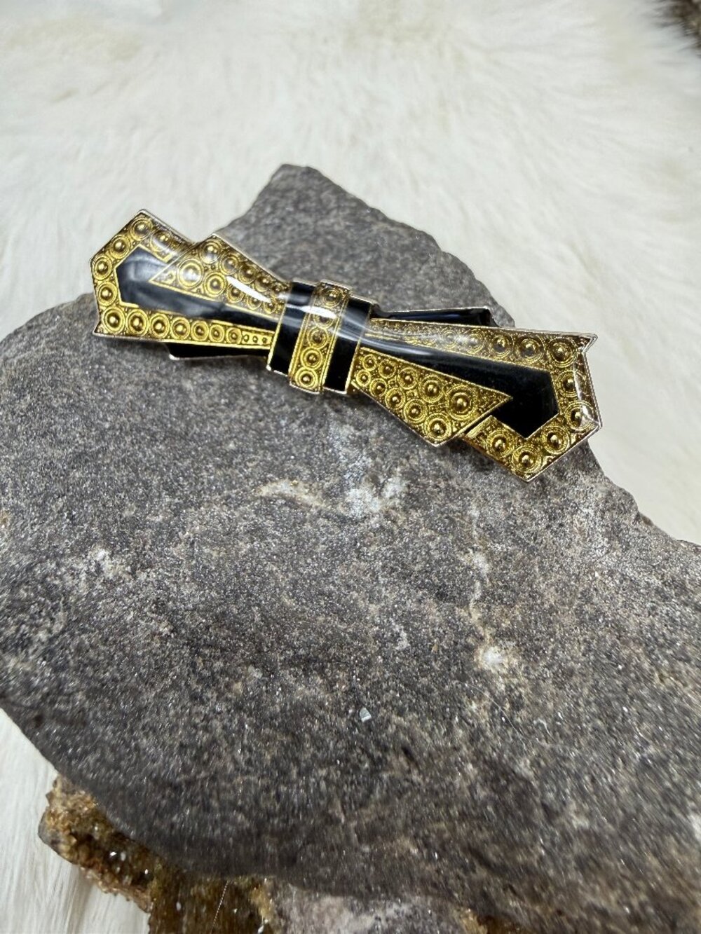 Vintage Art Deco Style Enamel Gold & Black Geometric Brooch Silver Tone .5" X 2"